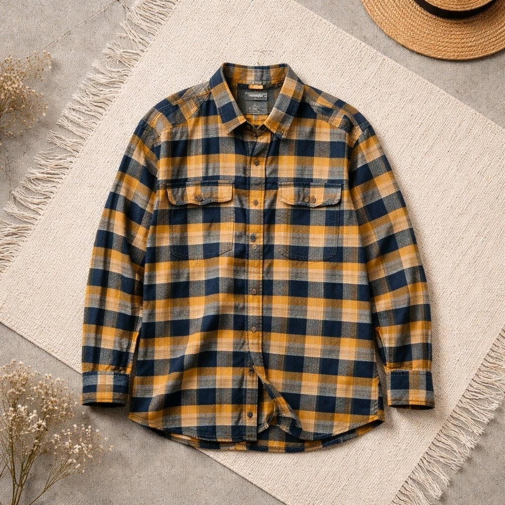 Men's Backpacker L 100% Cotton Flannel Shirt - Blue & Yellow Plaid EUC